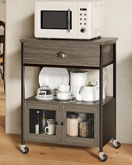 Catrimown Coffee Cart Station, Coffee Stand Station, Small Microwave Stand with Drawer, Movable Farmhouse Coffee Station Table on Wheels for Living Room, Entryway, Dining Room, Kitchen, Wash Grey