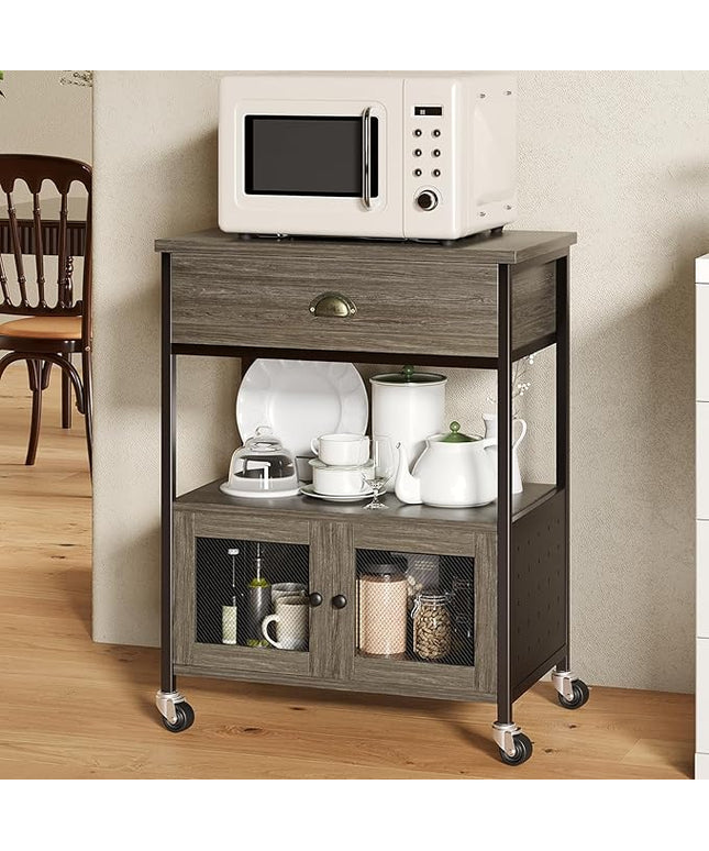 Catrimown Coffee Cart Station, Coffee Stand Station, Small Microwave Stand with Drawer, Movable Farmhouse Coffee Station Table on Wheels for Living Room, Entryway, Dining Room, Kitchen, Wash Grey