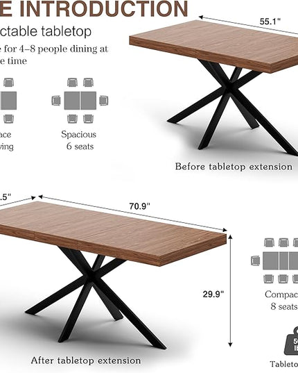 Extendable Dining Room Table for 4 6 8, 55"-70.9" Kitchen Table Rectangle Wood, Expandable Dining Table with Hidden Storage, Space Saving Farmhouse Kitchen Table for Kitchen Dining Living Room