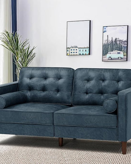 67" Suede Leather 2 Seater Sofa with Two Bolster Pillows, Tufted Sofa with Wooden Legs, Mordern Couch for Living Room, Office, Apartment, Blue