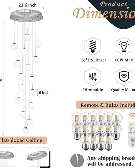 KoKo&Yukina 16-Light Nickel Mid Century Modern Chandelier for Living Room Staircase Chandelier for Entryway Globe Milky White Glass Pendant Light High Ceiling Chandeliers Foyer (Bulb & Remote Incl.)