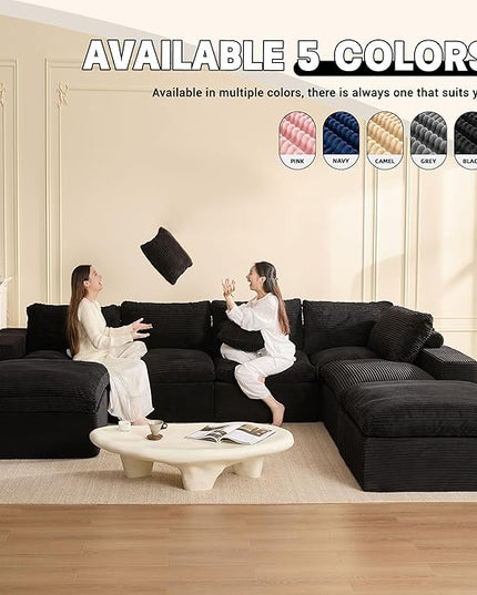 137.8” Sectional Couches for Living Room, Cloud Couch, Modular Sectional Sofa, Convertible Sofas Bed, Deep Seat Sofa, Sleeper Sofa Full Size, Corduroy, Black