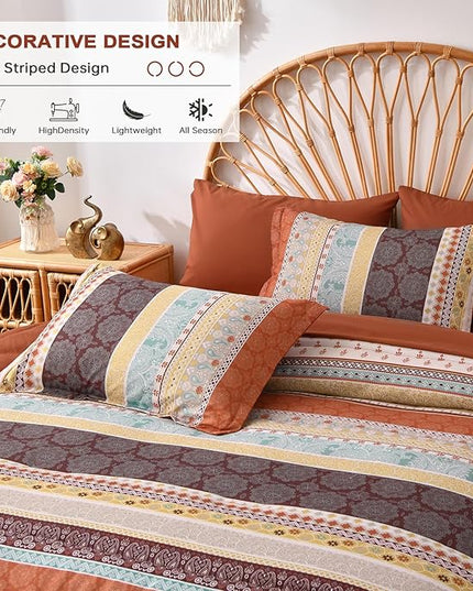 Cottolester Boho Comforter Set King Size,8 Pieces Red and Orange Bohemian Striped Bed in a Bag,Paisley Soft Microfiber Bedding Comforter Set