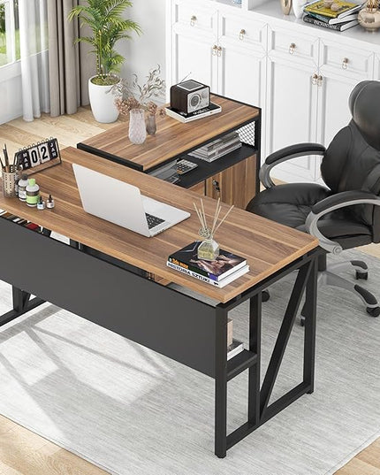 Tribesigns 55 inches Simple Computer Desk,Home Office Desk Writing Table for Workstation,Dark Walnut + Steel Leg， Cabinet not Included (Walnut, 55-inch)