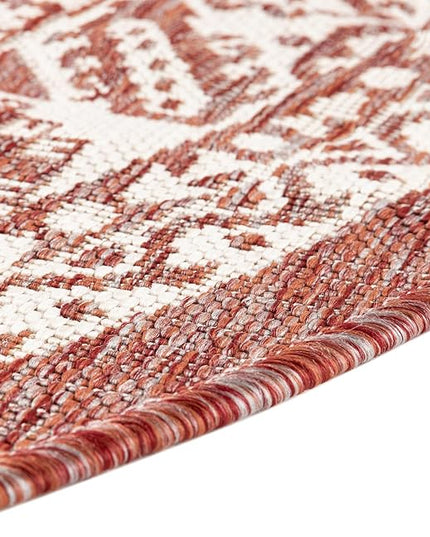 Rugs.com Outdoor Aztec Collection Rug – 6 Ft Round Rust Red Flatweave-Pile Rug Perfect for Kitchens, Dining Rooms