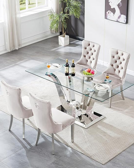 HomVent 70'' Glass Dining Table Set for 4, Modern Rectangle Glass Kitchen Table Set for 4, Kitchen Table and Chairs Set for 4 for Living Room,Kitchen