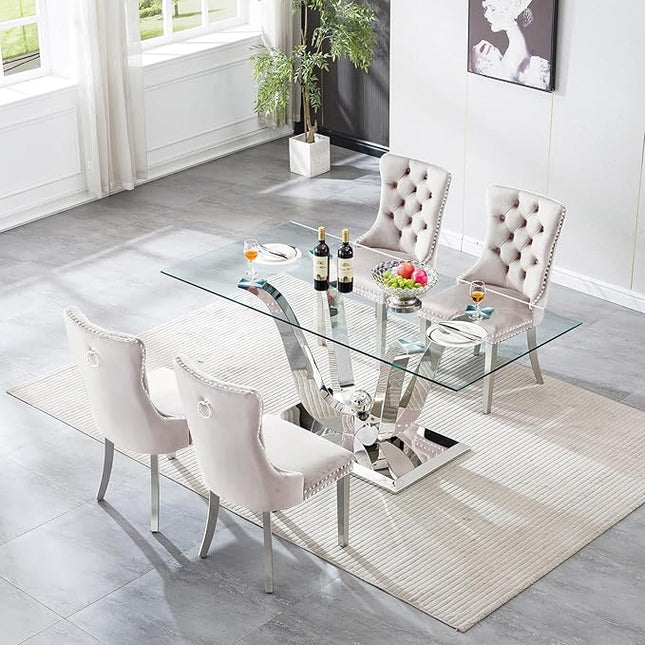 5-Piece Glass Dining Table Set w/4 Beige Upholstered Dining Chairs, 70in Rectangular Large Kitchen Table Set for 4, Glass and Silver Dining Table and Chair Set for 4
