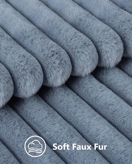 decorUhome Faux Fur Spring Throw Pillow Covers 12x20 Set of 2, Decorative Soft Plush Striped Neutral Couch Euro Pillow Covers with Velvet Back for Sofa, Bed, Living Room Home Decor, Grey Blue