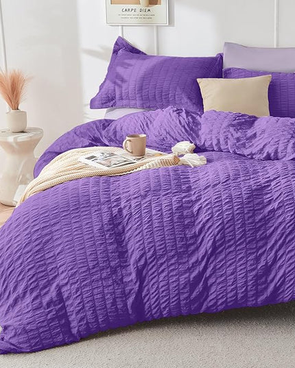 HYMOKEGE Dark Purple/Lavender King Size Comforter Set Seersucker 7 Pieces, All Season Luxury Bed in a Bag for Bedroom, Bedding Set with Comforter, Sheets, Pillowcases & Shams