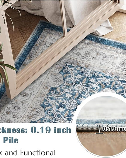 jinchan Floral Area Rugs 4x6 Machine Washable Vintage Distressed Boho Design Throw Rug Stain Resistant Carpet Low Pile Ultra-Thin Non-Slip for Bedroom Living Room Dining Room Kitchen(4‘x6', Drak Blue)