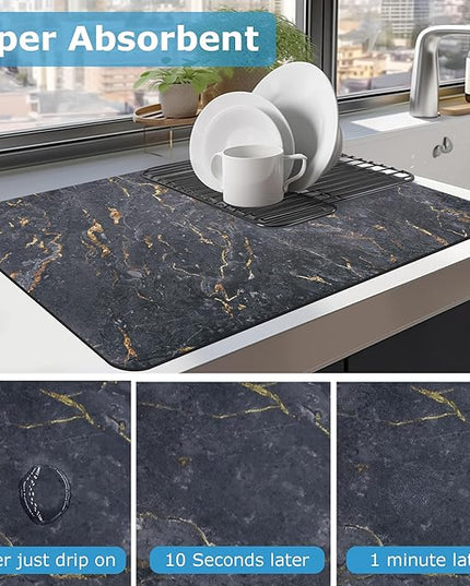 Dish Drying Mat Coffee Bar Mat for Kitchen Counter, Absorbent Dish Rack Pad Hide Stain with Non-slip Rubber Backed Coffee Accessories Fit Under Espresso Machine Maker Black Marble 22.83"x14.96"