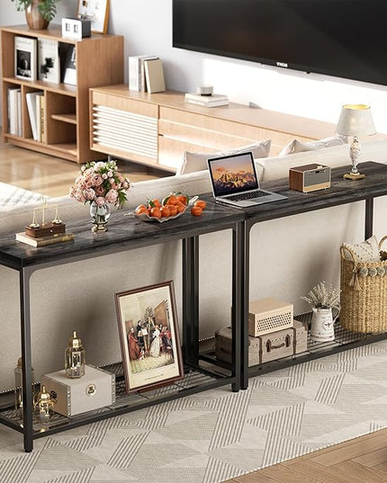 47" Console Table with Storage, 2 Tier Narrow Entryway Table, Sofa Table with Mesh Shelves, Console Tables for Living Room, Bedroom, Hallway, Entryway, Foyer, Oak Grey