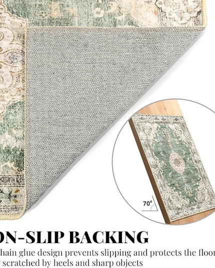 MUJOO Hallway Runner Rug 2'x8' Green Long Rug Runners Boho Machine Washable Non Slip Carpet for Entryway Kitchen Bathroom Bedside Retro Soft Low-Pile Blossom