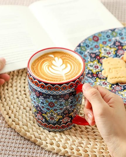 HASENSE Coffee Mugs, 15 OZ Coffee Cups Ceramic Set of 4 with Handle and Bohemian Style for Man Woman, Vintage Stoneware Porcelain Coffee Cups Set for Tea, Cocoa, Milk, Latte and Cappuccino - Multi