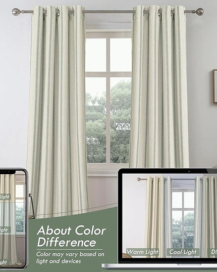 DriftAway Farmhouse Linen Blend Blackout Curtains 90 Inches Long for Bedroom Vertical Striped Printed Linen Curtains Thermal Insulated Lined Treatments for Living Room 2 Panels W52 x L90 Loden Green