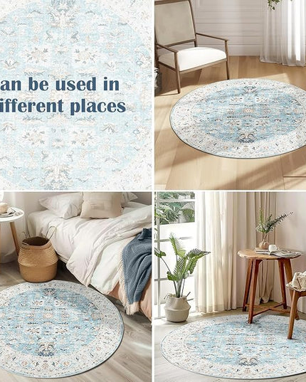 jinchan Round Rug 5ft Area Rug - Washable Boho Vintage Floral Circle 5' Round Floor Cover Lightweight Low Pile Thin Throw Non-Slip Carpet for Kitchen Living Room Bedroom Dining Room Office Light Blue