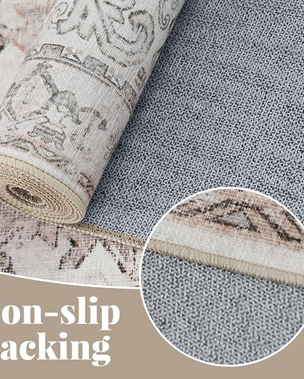 jinchan Lima 9x12 Machine Washable Area Rugs for Living Room - Vintage Floral Stain Resistant Low Pile Ultra-Thin Non Slip Accent Rug for Bedroom Kitchen Dining Room Home Office (9x12ft, Taupe)