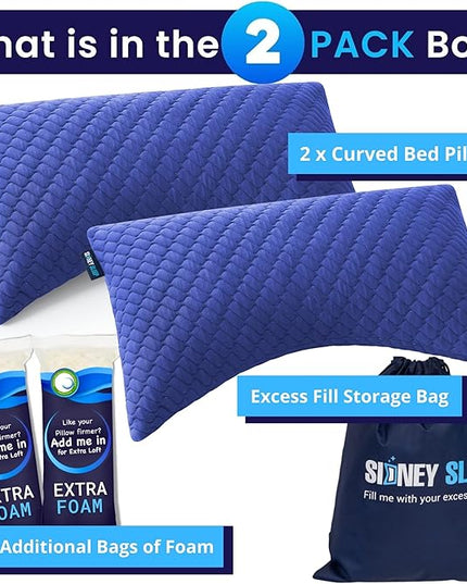 Sidney Sleep Set of 2 Queen Size Bed Pillows for Side and Back Sleepers - Adjustable Filling - Memory Foam Pillows for Neck and Shoulder Pain - Customizable Loft - Extra Foam Included (Blue)
