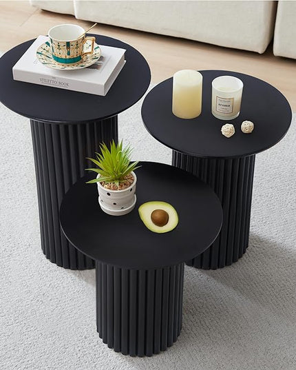 Round Nesting Coffee Table Set of 3,Mid Century Modern Fluted Coffee and End Table Set,Small Circle Wooden Side Table Drink Table for Living Room (Black)