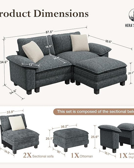 HERA'S HOUSE 88" Modular Sectional Sofa, L Shaped Couches for Living Room, Comfy Cloud Couch with Ottoman, 3-Seater Deep Seat Sofa with Throw Pillow, Chenille Blue