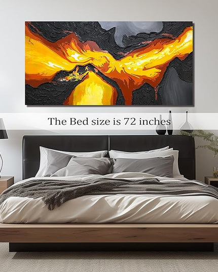 GUGIKA Extra Large Abstract Wall Art for Living Room, Hand Painted 3D Textured Magma Paintings, Black and Gold Yellow Volcanic Lava Canvas Wall-Decor for Bedroom, Size 80x40 Inches