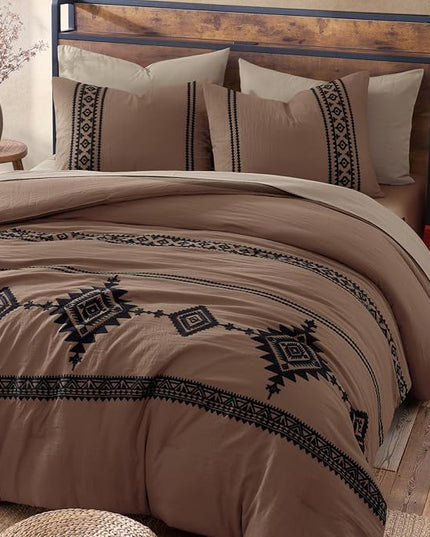 MaiRêve Embroidery Full Size Comforter Set Brown, Farmhouse Western Boho Bedding Set 7 Pieces, All Season Bed in A Bag Comforter Set with Sheets, Pillowcases & Shams