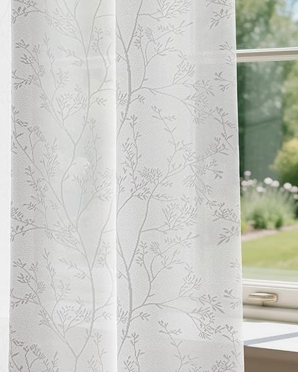 Anmao White Semi Sheer Light Filtering Curtains 102 Inches Long 2 Panels, Branch Pattern Drapes for Living Room Bedroom, Rod Pocket Sheer Window Treatments with Floral Design, 52x102 Inch