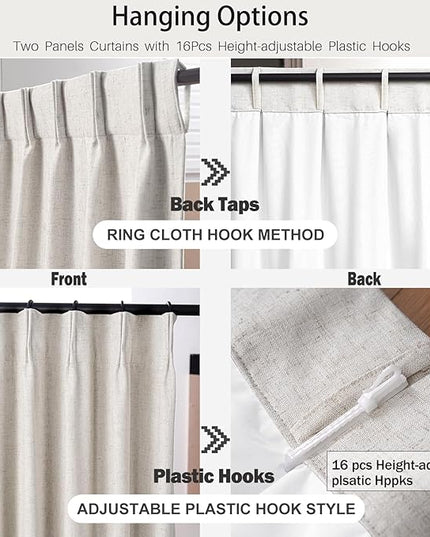 IVAPUPU Natural Pinch Pleated Full Blackout Curtains Linen Blend Room Darkening Window Curtains 1 Panel for Living Room Bedroom Thermal Insulated Curtain Drapes with 12 Pcs Hooks 60''Wx108''L