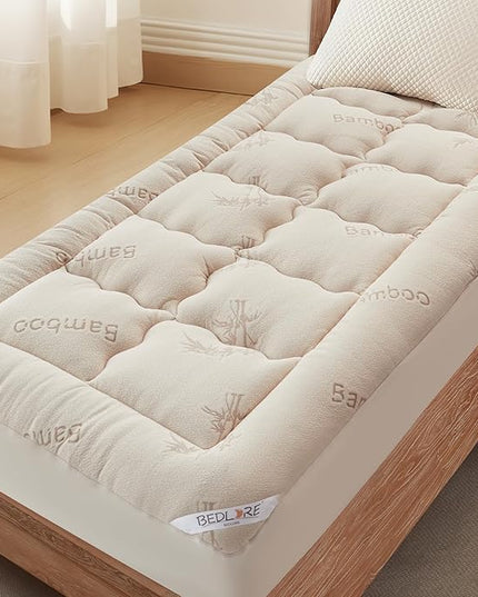 BEDLORE Twin XL Mattress Topper Viscose Derived from Bamboo, Thick Pillow Top Mattress Pad with Deep Pockets for 6-15 inches Mattress, Soft Mattress Topper College Dorm Size for Back Pain(Beige)
