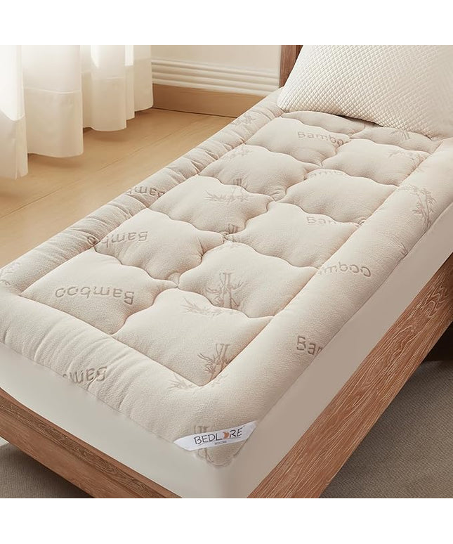 BEDLORE Twin XL Mattress Topper Viscose Derived from Bamboo, Thick Pillow Top Mattress Pad with Deep Pockets for 6-15 inches Mattress, Soft Mattress Topper College Dorm Size for Back Pain(Beige)