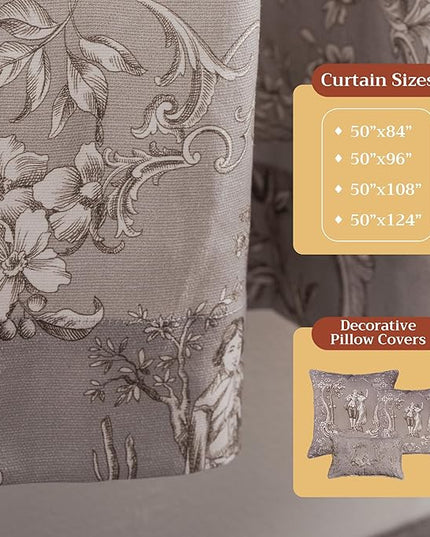 Maison d' Hermine Curtains for Living Room 100% Cotton 124 inch Length One Panel Light Filtering Toile Curtains for Bedroom Windows with Rod and Loop Pockets Drapes (Joli Jouy Beige, 50" W x 124" L)