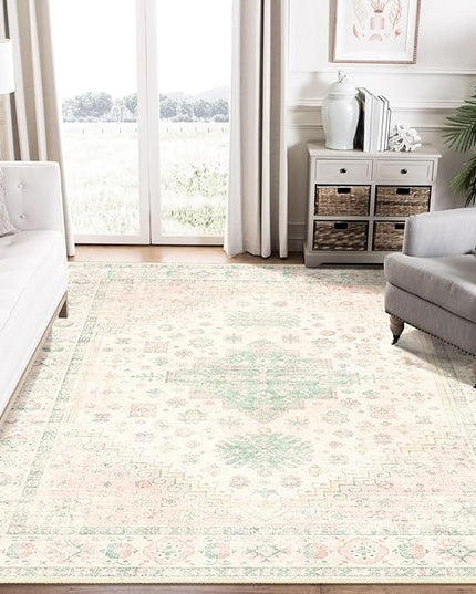 MUJOO 6x9 Area Rugs Washable,Boho Rugs for Living Room Bedroom Dining Room,Large Non Slip Throw Carpet Indoor,Low Pile Light Pink and Green