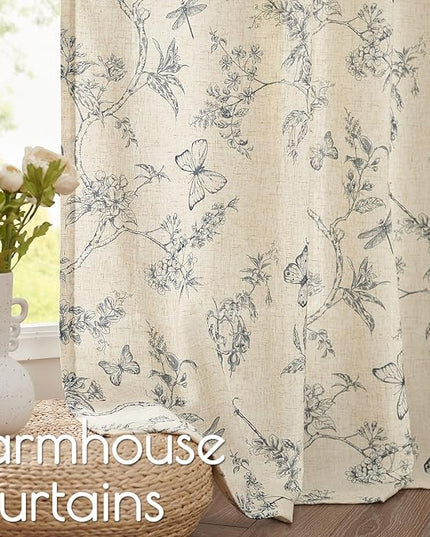 Lazzzy Blue Floral Linen Farmhouse Curtains 84 Inch Length Drapes for Living Room Bedroom Pattern Light Filtering Country Vintage Curtain Grommet Top, 2 Panels, Blue on Beige