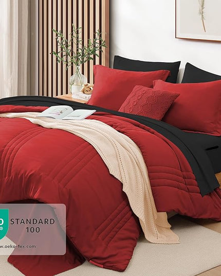 Monbix Full Comforter Set - 7 Pieces Bright Red Bed in a Bag Full Size Bedding Sets with Comforters, All Seasons Comforter with Sheets, Pillowcases & Shams