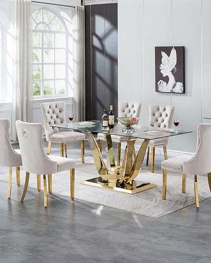 70" Modern Gold Glass Dining Table Set for 6, 7-Piece Rectangle Kitchen Dining Room Table Set with Steel Base & 6 Beige Velvet Upholstered Chairs, Modern Glass Kitchen Table and Chairs Set of 6