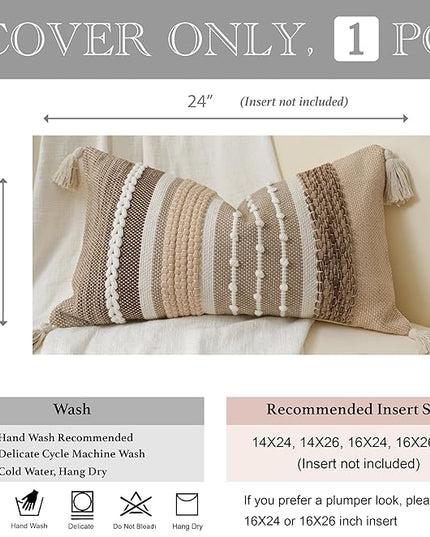 BlissBlush Decorative Lumbar Throw Pillow Cover 14x24 Boho Brown Accent Cushion for Couch Sofa Farmhouse Pillowcase for Bedroom Living Room Home Décor Cover ONLY