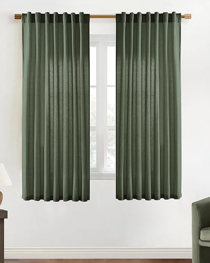 XTMYI Olive Green Curtains 63 Inch Length for Living Room 2 Panels Set Back Tab Hooks Pleated Linen Blend Light Filtering Semi Sheer Curtain Drapes for Dining Room Bedroom Kitchen Bathroom Boho Decor
