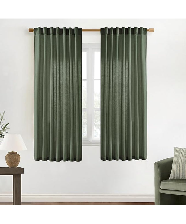 XTMYI Olive Green Curtains 63 Inch Length for Living Room 2 Panels Set Back Tab Hooks Pleated Linen Blend Light Filtering Semi Sheer Curtain Drapes for Dining Room Bedroom Kitchen Bathroom Boho Decor