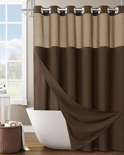 Tan Brown No Hooks Linen Shower Curtain with Snap in Liner Set Rustic Farmhouse Shower Curtains for Bathroom Cream Burlap Cloth Double Bath Curtains with See Through Top Window 72x75