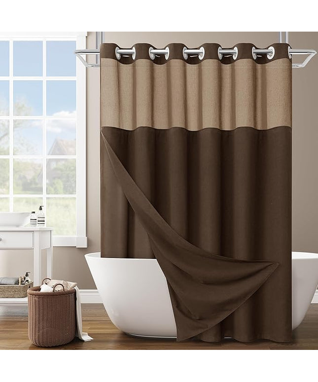 Tan Brown No Hooks Linen Shower Curtain with Snap in Liner Set Rustic Farmhouse Shower Curtains for Bathroom Cream Burlap Cloth Double Bath Curtains with See Through Top Window 72x75