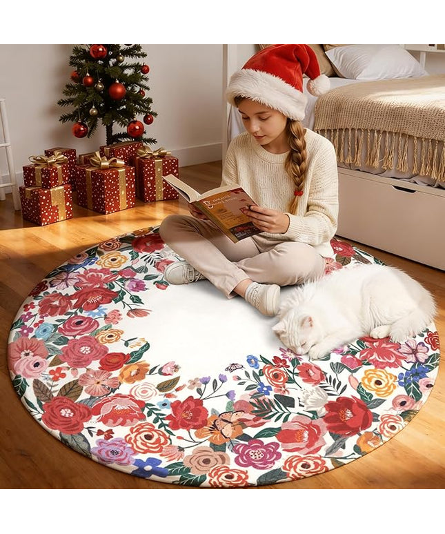 Wonnitar Washable 4ft Round Area Rug, Red Camellia Floral Living Room Rugs for Bedroom Girls, Low Pile Soft Flower Throw Carpet for Kids Nursery Room (Red,4ft Round)