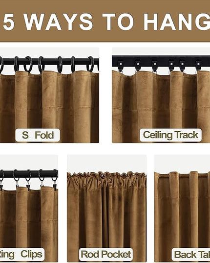 KOUFALL Velvet Black Out Curtains 63 Inch Long for Living Room,63 Inch Length Blackout Room Darkening Luxury Gold Brown Thermal Curtains Drapes for Bedroom 2 Panels Set