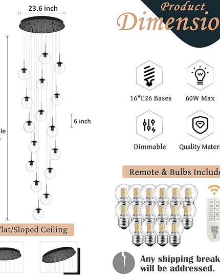 KoKo&Yukina 16-Light Black Mid Century Modern Chandelier for Living Room Staircase Chandelier for Entryway Clear Globe Glass Chandelier High Ceiling Chandeliers Foyer Entryway (Bulb & Remote Incl.)