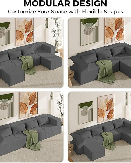 Minimalist Modular Corduroy Cloud Couch Sectional – Oversized Boneless Memory Foam Sofa for Living Room, Modern Comfy Couch, No Assembly Needed（Chaise Lounge,Grey）