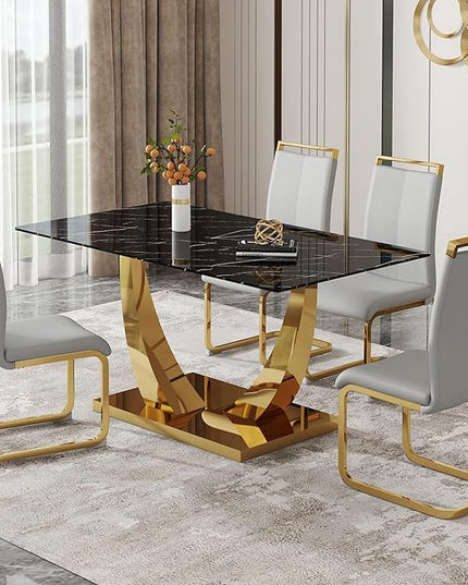 63” Dining Room Table Set for 4,Modern Gold Dining Table Set for 4 PU Leather Chairs,Black Faux Marble Dinner Table Set with Tempered Glass Top and Golden Base