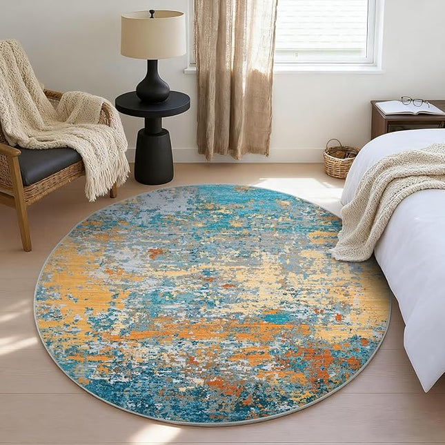 Modern Abstract 4x4 Round Area Rug Non Slip Non Shedding Rug Low Pile Stain Resistant for Bedroom Living Room Office Dining Room,Multi Color