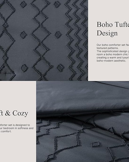 Queen Comforter Set Navy Blue, Tufted Boho Bedding Farmhouse Bed Set, All Season 7 Pieces Bed in a Bag with Sheets, Pillowcases & Shams