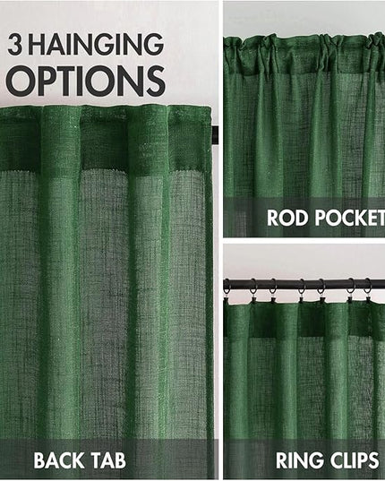 MIULEE Emerald Green Kitchen Curtains 24 Inch Length 2 Panels, Soft Thick Linen Textured Semi Sheer Light Filtering Short Cafe Tier Curtains for Small Half Window Back Tab Rod Pocket Christmas Decor