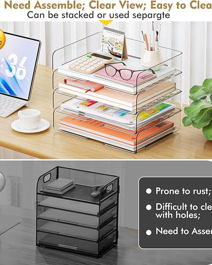 YKLSLH 4 Trays Paper Organizer Letter Tray - Acrylic Desk File Organizer, Stackable Clear Paper Holder Sorter Office Organizer for Letter/A4, Office File Ipad Books Notes Etc