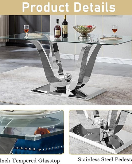 70" Silver Tempered Glass Dining Table, Modern Glass Kitchen Table Dining with Tempered Glass Tabletop and Unique Stainless Steel Pedestal, Modern Kitchen Dining Room Table for 8